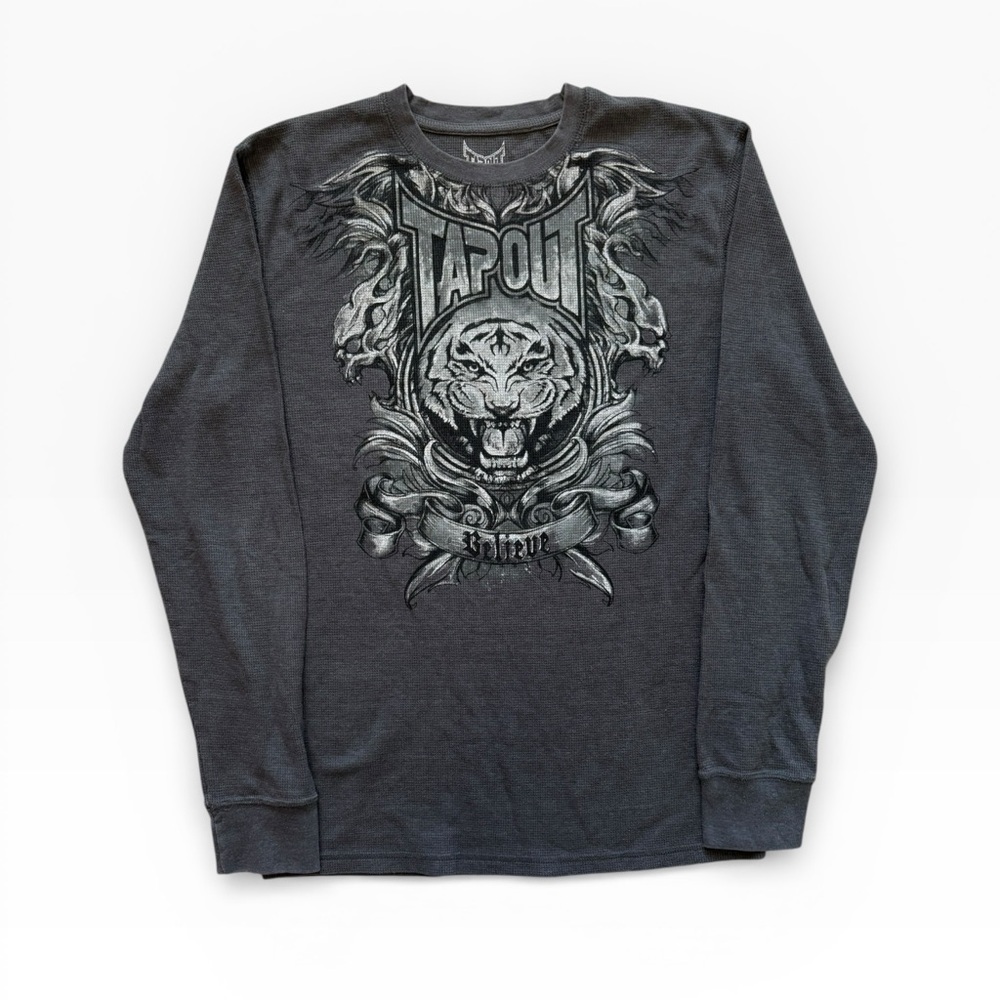 Vintage Y2K Grey TAPOUT Waffle Knit Long Sleeve Tiger ‘Believe’ Size Large